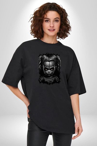 Angemiel Dark Child Cursed Doll Figured Gothic Black Oversize Women's Men's Front Printed T-Shirt