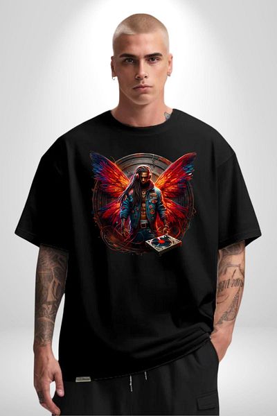 Angemiel Dj Style Design with Red Orange Wings Black Oversize Women Men Front Printed T-Shirt