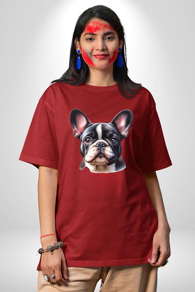 Angemiel Pet Friendly French Bulldog Dog Friendly Red Oversize Women's Men's Front Printed T-Shirt