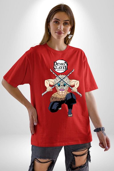 Angemiel Demon Slayer Inosuke Double Sword Anime Red Oversize Women Men Front Printed T-Shirt