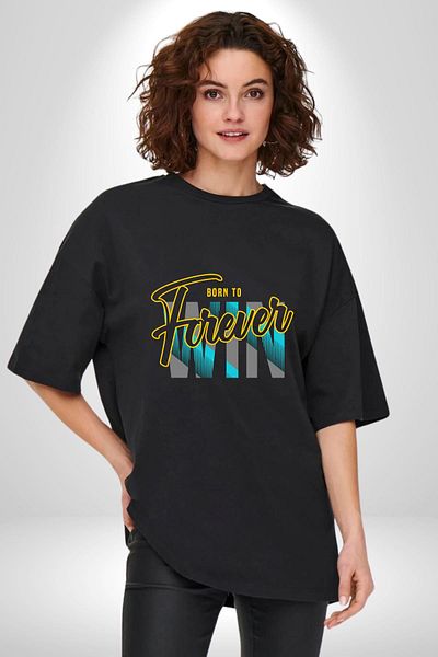 Angemiel Born to Win Printed Motivational Design Black Oversize Women's Men's Front Printed T-Shirt
