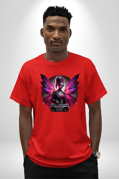 Angemiel Red Oversize Women's Men's Front Printed T-Shirt with Red Fairy Glasses and Music Player