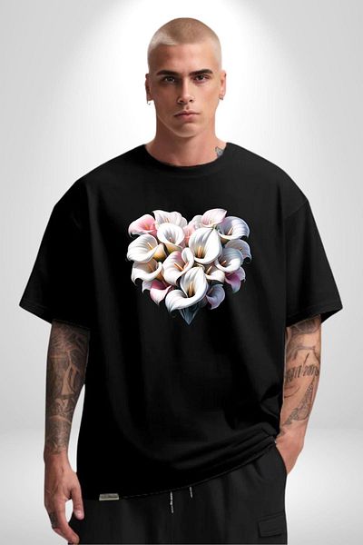 Angemiel Kala Lily Flower the Elegance of Purity Black Oversize Women's Men's Front Printed T-Shirt