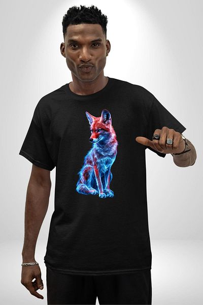 Angemiel Colorful Neon Fox Black Oversize Women's Men's Front Printed T-Shirt