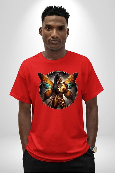 Angemiel Golden Yellow Winged Rapper Hip Hop Style Red Oversize Women's Men's Front Printed T-Shirt