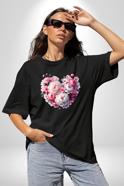 Angemiel Peony Flower Arrangement Design Black Oversize Women's Men's Front Printed T-Shirt