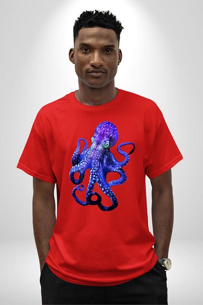 Angemiel Blue Octopus Ocean Themed Red Oversize Women's Men's Front Printed T-Shirt