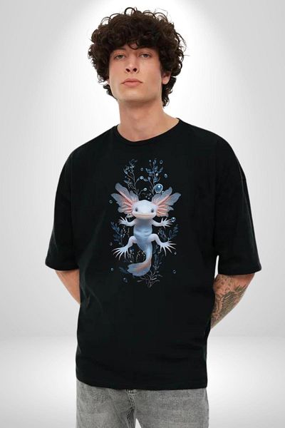 Angemiel Water Fairy Underwater Monster Design Black Oversize Women's Men's Front Printed T-Shirt