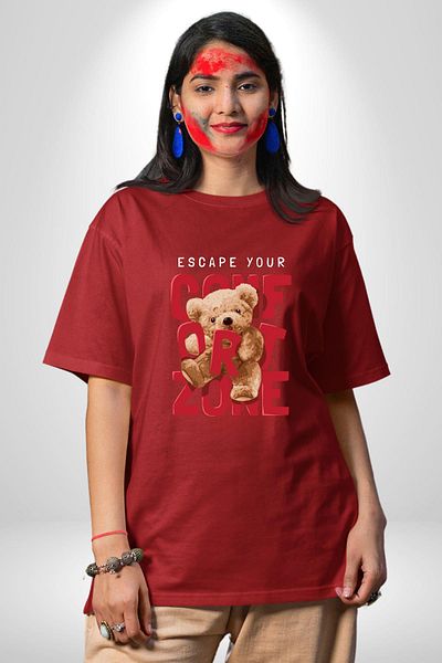 Angemiel Get Out of Comfort Zone Bear Design Red Oversize Women's Men's Front Printed T-Shirt