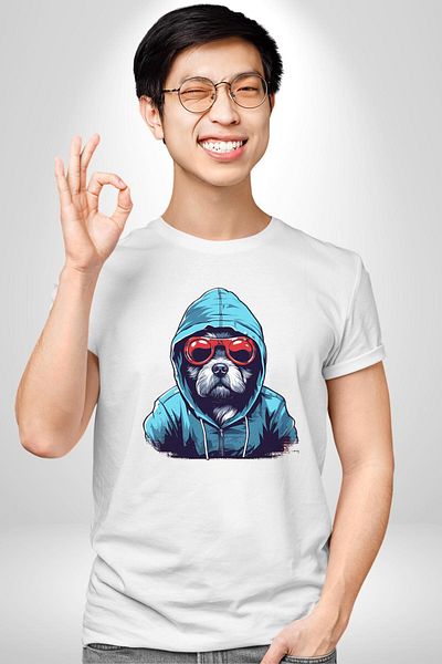 Angemiel Charismatic Terrier Glasses Cool Dog White Oversize Women's Men's Front Printed T-Shirt