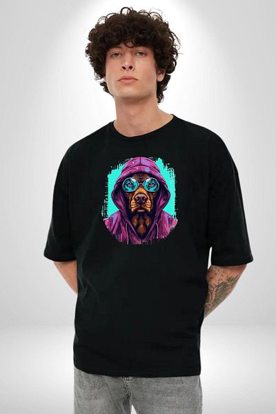 Angemiel Charismatic Dark Style Dog with Blue Glasses Black Oversize Women's Men's Front Printed T-Shirt