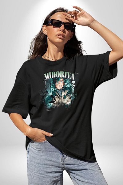 Angemiel My Hero Academia Midoriya Izuku Anime Black Oversize Women's Men's Front Printed T-Shirt