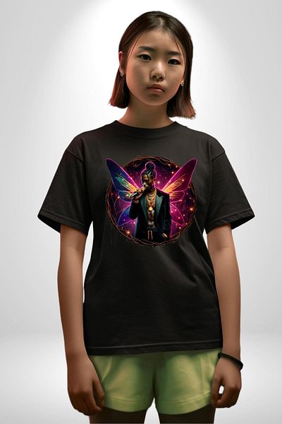 Angemiel Men's Hip Hop Rapper Purple-Pink Neon Black Oversize Women's Men's Front Printed T-Shirt