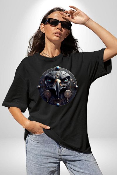 Angemiel Horus God of the Sky Kingdom and Protection Egypt Black Oversize Women Men Front Printed T-Shirt