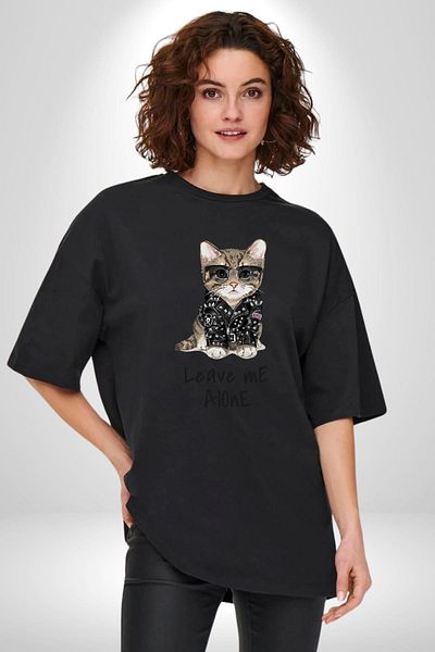 Angemiel Leave Me Alone Punk Style Cat Design Black Oversize Women's Men's Front Printed T-Shirt