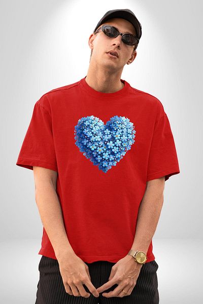 Angemiel Forget Me Not Flower Heart Collage Red Oversize Women Men Front Printed T-Shirt