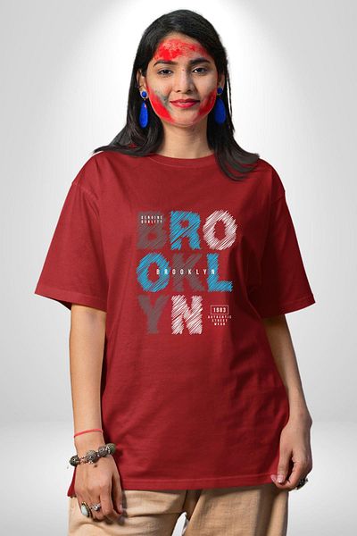Angemiel Brooklyn Printed Street Fashion and Creative Red Oversize Women's Men's Front Printed T-Shirt