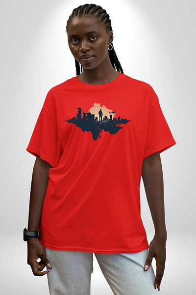 Angemiel City and Helicopter Themed Rescue Red Oversize Women's Men's Front Printed T-Shirt