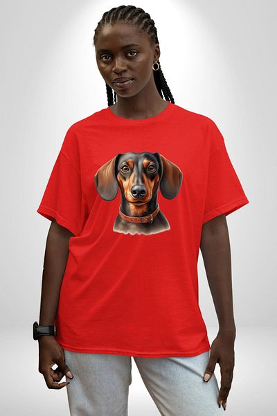 Angemiel Sweet Dachshund Dog Love Red Oversize Women's Men's Front Printed T-Shirt