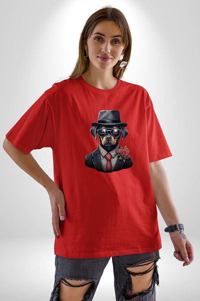 Angemiel Stylish Dog with Red Rose Suit Red Oversize Women's Men's Front Printed T-Shirt