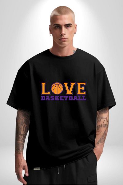 Angemiel Basketball Ball with Love Love Written Black Oversize Women's Men's Front Printed T-Shirt