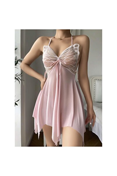 Narnuga Pembe Kelebek İşlemeli Tül Fantezi Gecelik