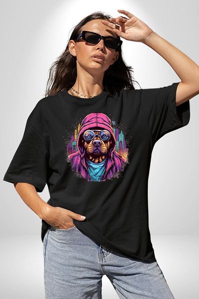 Angemiel Graffiti Street Art Dog Pattern Black Oversize Women's Men's Front Printed T-Shirt