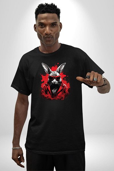 Angemiel Comfortable and Stylish Dark Rabbit Black Oversize Women's Men's Front Printed T-Shirt