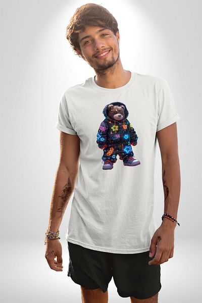 Angemiel Starry Night Bear Colorful Night Adventure White Oversize Women's Men's Front Printed T-Shirt