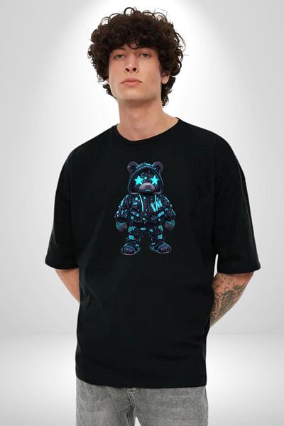 Angemiel Neon Night Glitter Cyberpunk Teddy Bear Black Oversize Women's Men's Front Printed T-Shirt