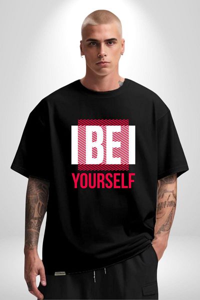 Angemiel Be Yourself Printed Original and Stylish Graphic Design Black Oversize Women's Men's Front Printed T-Shirt