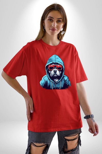 Angemiel Charismatic Terrier Glasses Cool Dog Red Oversize Women's Men's Front Printed T-Shirt