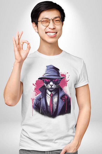 Angemiel Cool Detective Cat White Oversize Women's Men's Front Printed T-Shirt