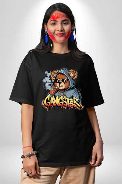 Angemiel  Bear Hoodie Hooded Bear Teddy Black Oversize Women Men Front Printed T-Shirt