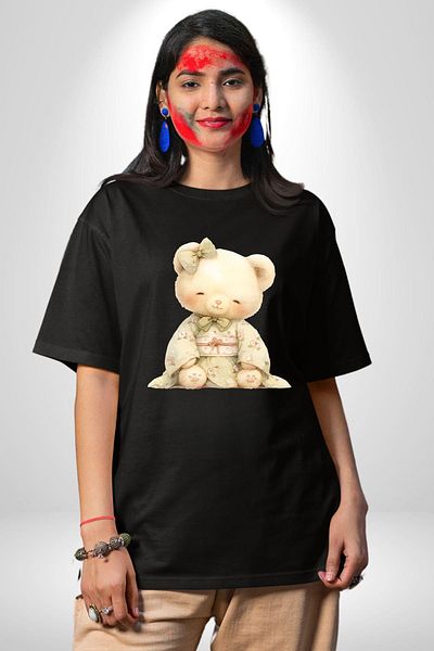 Angemiel Cream Colored Floral Patterned Kimono Sweet Teddy Bear Black Oversize Women's Men's Front Printed T-Shirt