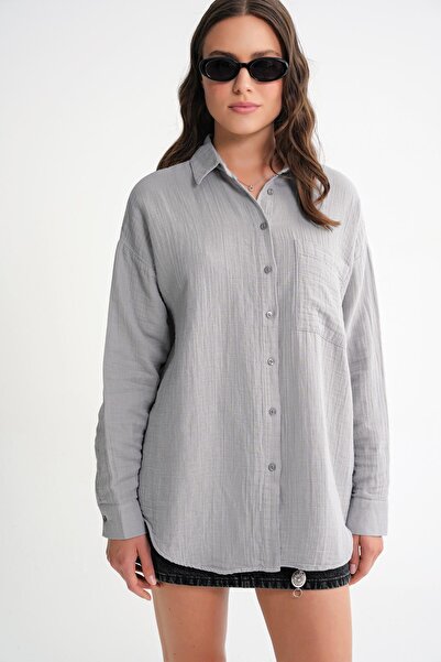 Mixray 3833 Women's Oversize Pocket Muslin Shirt Gray