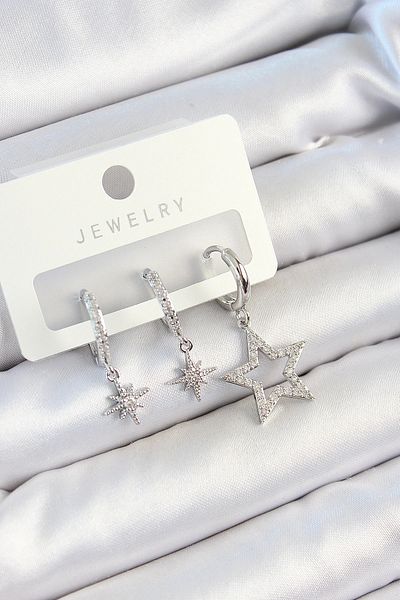 Clariss Brass Zircon Stone Star Model Silver Color 3-Piece Double Women's Earring Set