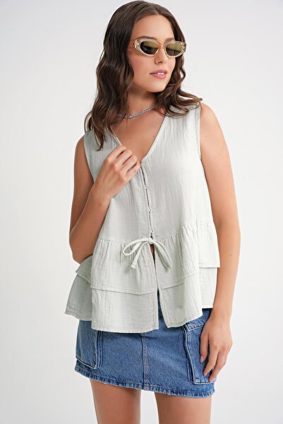 Mixray 4722 Γυναικεία μπλούζα μουσελίνας με βολάν με λαιμόκοψη σαλαμάρι