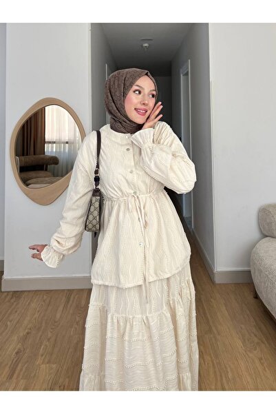 Modamorfo Lace Suit with Buttons on the Front, Laces on the Waist, Elastic Sleeves and Skirt - Beige
