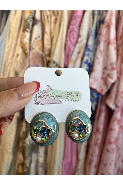 karpuzbutiks Gold Blue Flower Vip Earrings 5