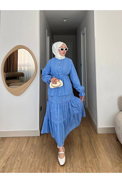 Modamorfo Lace Suit with Buttons on the Front, Laces on the Waist, Elastic Sleeves and Skirt - Blue