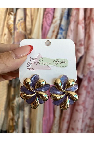 karpuzbutiks Gold Lila Flower Vip Earrings 4