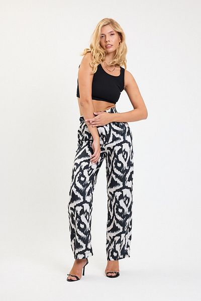VİOLETTE Women's Black and White Patterned Satin Palazzo Pants - Wide Leg High Waist with Belt