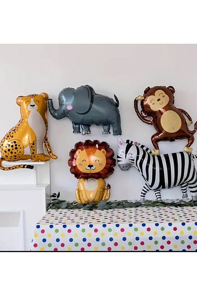 Çemrek Süs Parti Forest Animals Foil Balloon Set of 5 Lion Cheetah Elephant Zebra Monkey Foil Balloon