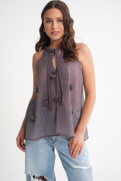 Mixray 4719 Women's Flower Detailed Transparent Tie-Up Blouse Rose