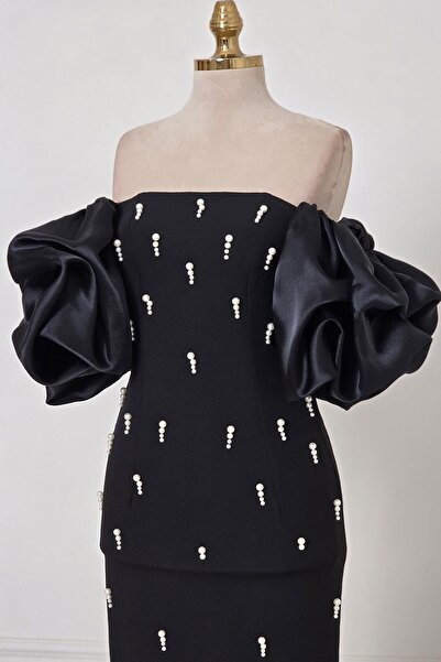 Yonca Moda Evi Siyah Krep İncili Kollar Organize Midi Boy Abiye 1821