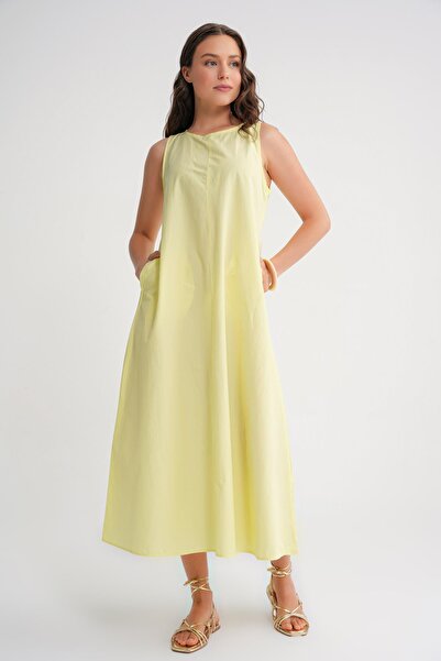 Mixray 4690 Γυναικείο φόρεμα με λαιμόκοψη μηδέν μανίκι Midi Parachute Κίτρινο