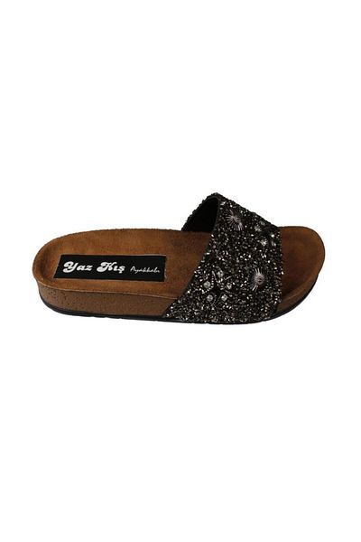 Yaz Kış Ayakkabı Yazkiş women's black platinum flat sole slipper with sea shell stones and glitter
