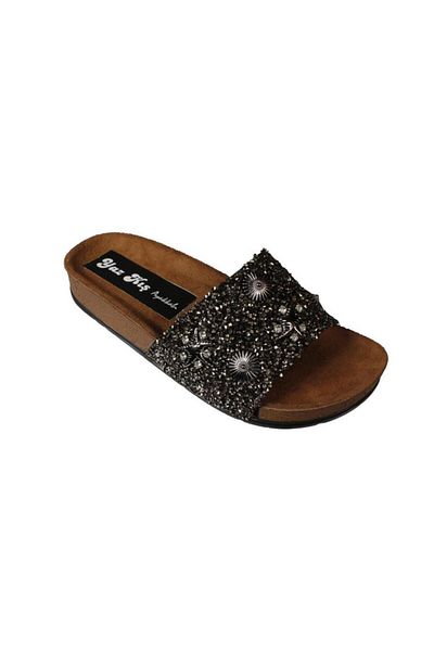 Yaz Kış Ayakkabı Yazkiş women's black platinum flat sole slipper with sea shell stones and glitter