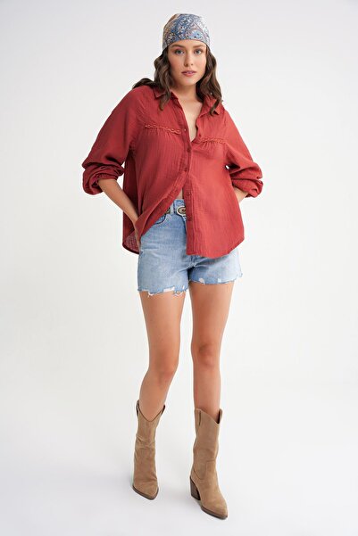 Mixray 4677 Women's Lace Detailed Muslin Shirt Cranberry